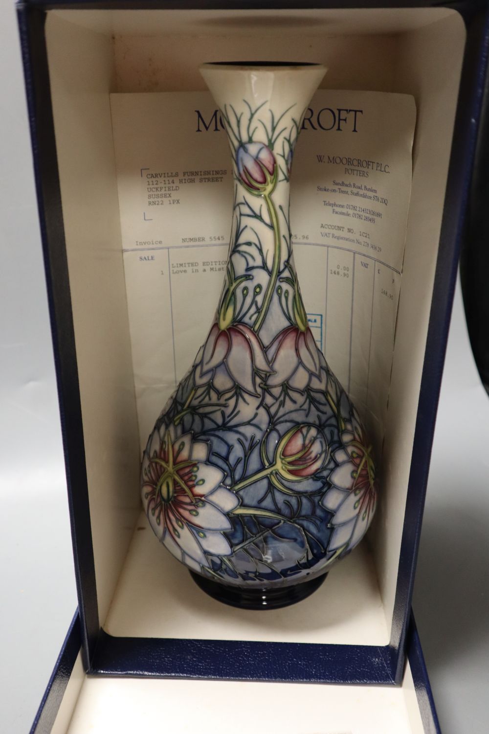 A Moorcroft vase, Love in a mist, designed by Rachel Bishop, limited edition number 61 of 300, 32cms high, together with certificat